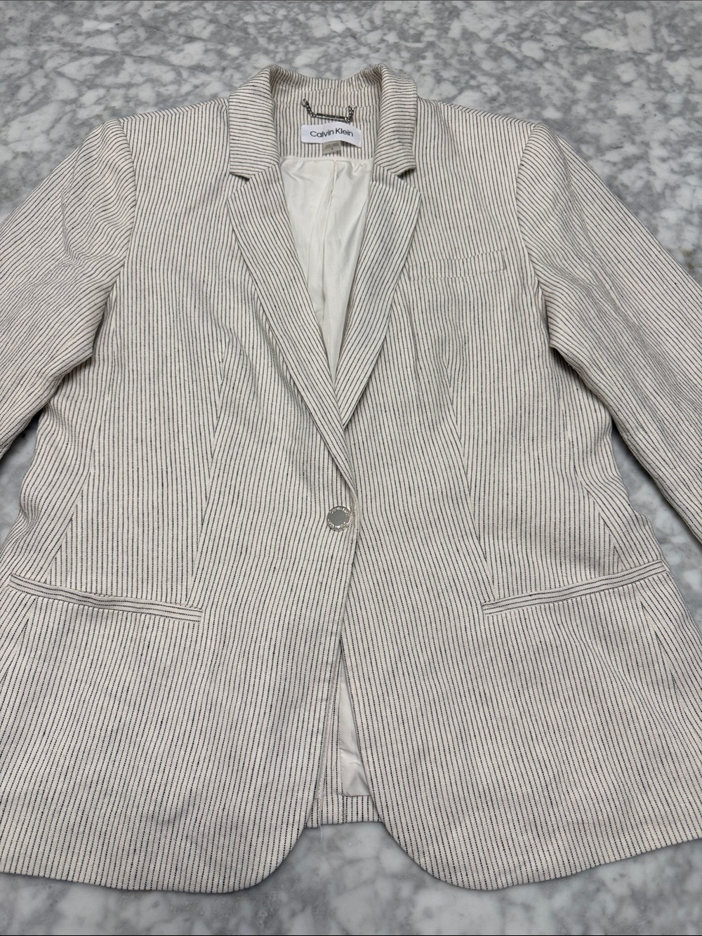 Calvin Klein Cream and Gray Pinstripe Blazer - Single Button